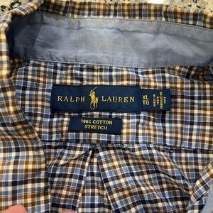 XL Blue White Brown Flannel Button Up Polo by Ralph Lauren